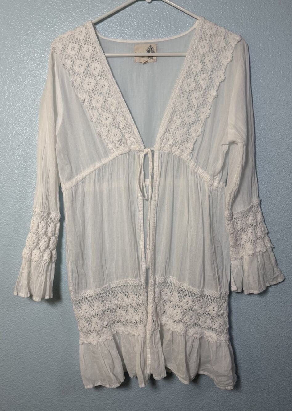 Women's S White Boho Crochet Lace Tie Front Kimono Cottagecore Coverup